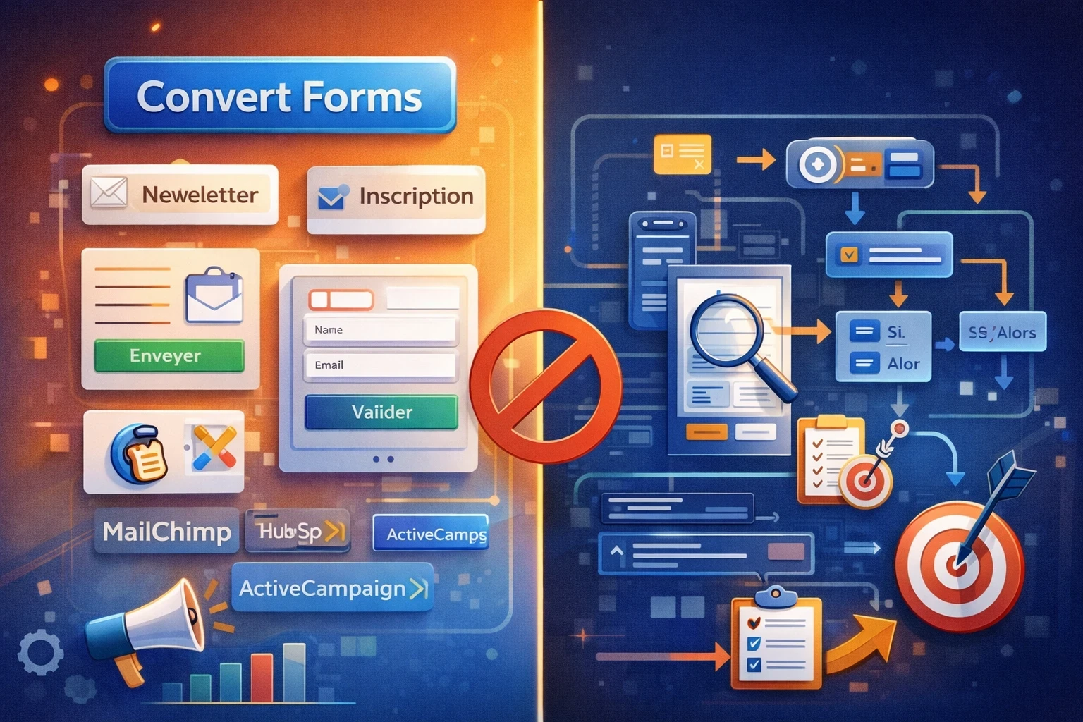 Infographie Joomla comparant Convert Forms, adapté aux formulaires marketing et à la génération de leads, à des workflows plus complexes moins adaptés