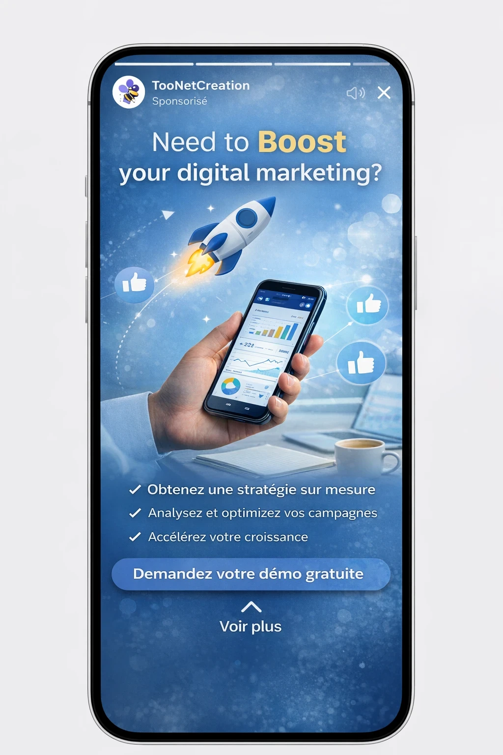 Exemple de publicité Facebook Story verticale avec appel à l’action vers une page de destination.