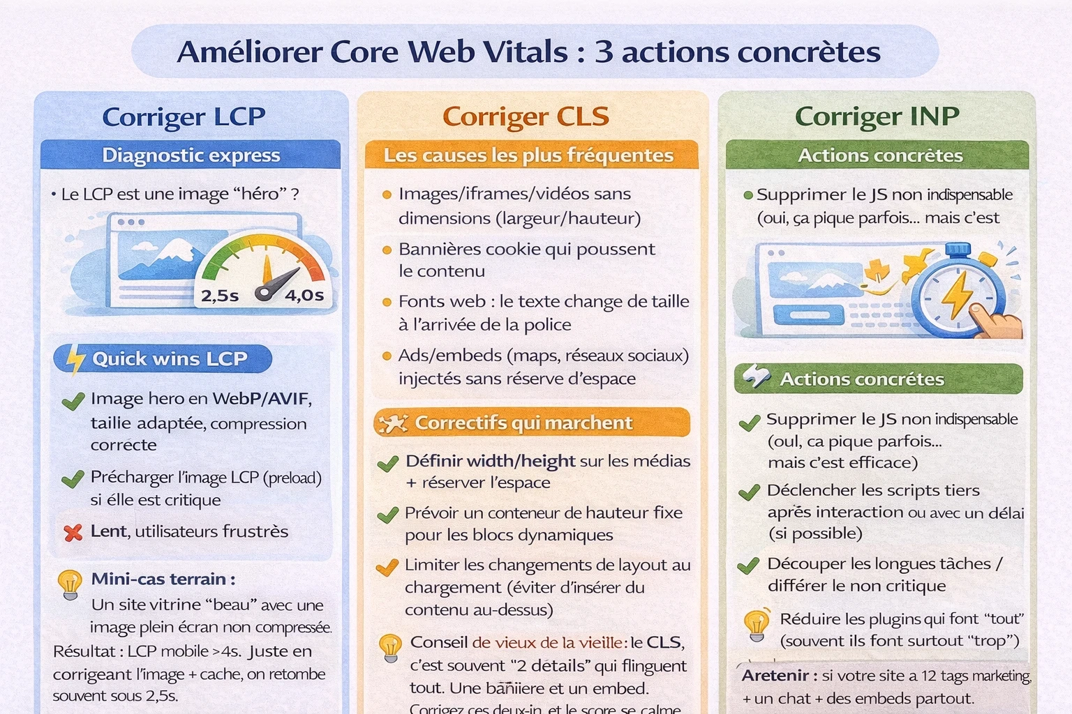 Infographie “Améliorer les Core Web Vitals : 3 actions concrètes” : visuel en 3 colonnes (Corriger LCP, Corriger CLS, Corriger INP) avec pictos et listes d’actions.  LCP : diagnostic express (image “hero”), quick wins (WebP/AVIF, preload, cache, différer scripts, limiter polices) + mini-cas terrain.  CLS : causes (médias sans dimensions, bannière cookie, fonts, embeds/ads) + correctifs (width/height, réserver l’espace, conteneurs fixes, limiter insertions, font-display).  INP : sources de “lag” (trop de JS, scripts tiers, events lourds, long tasks) + actions (supprimer JS inutile, charger tiers après interaction, découper/différer, réduire plugins) + rappel final.