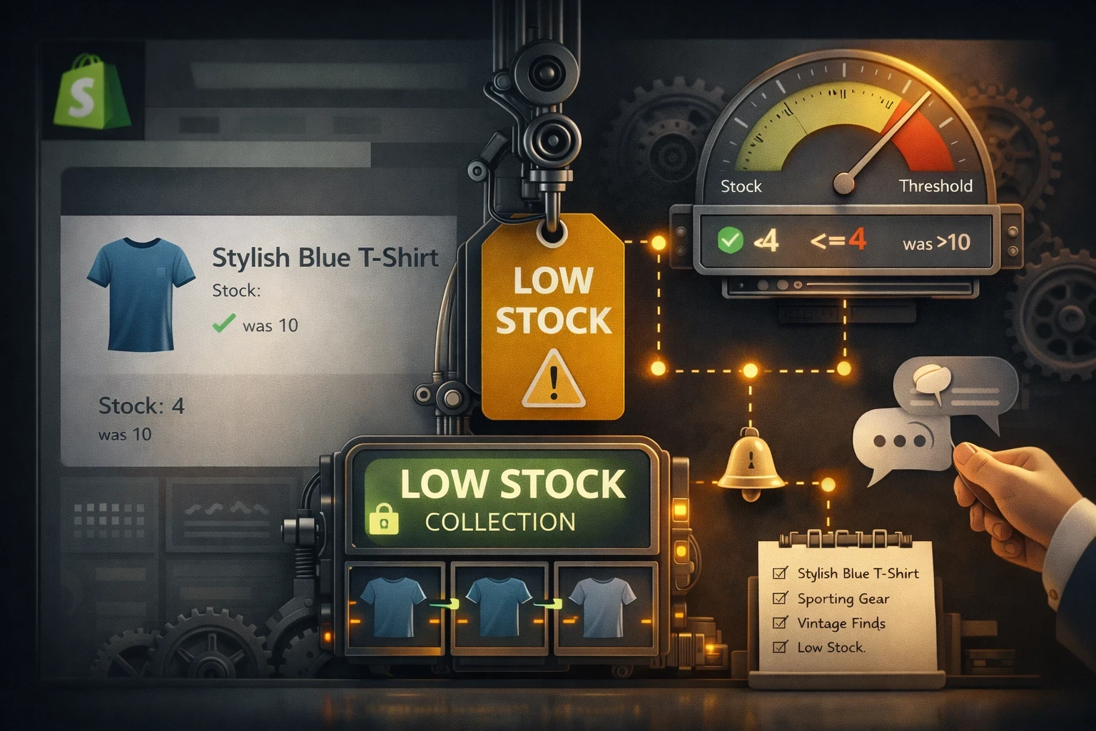 Illustration d’un workflow Shopify Flow : seuil de stock atteint sur une variante, tag LOW_STOCK, notification interne et ajout automatique à une collection “stock faible”.