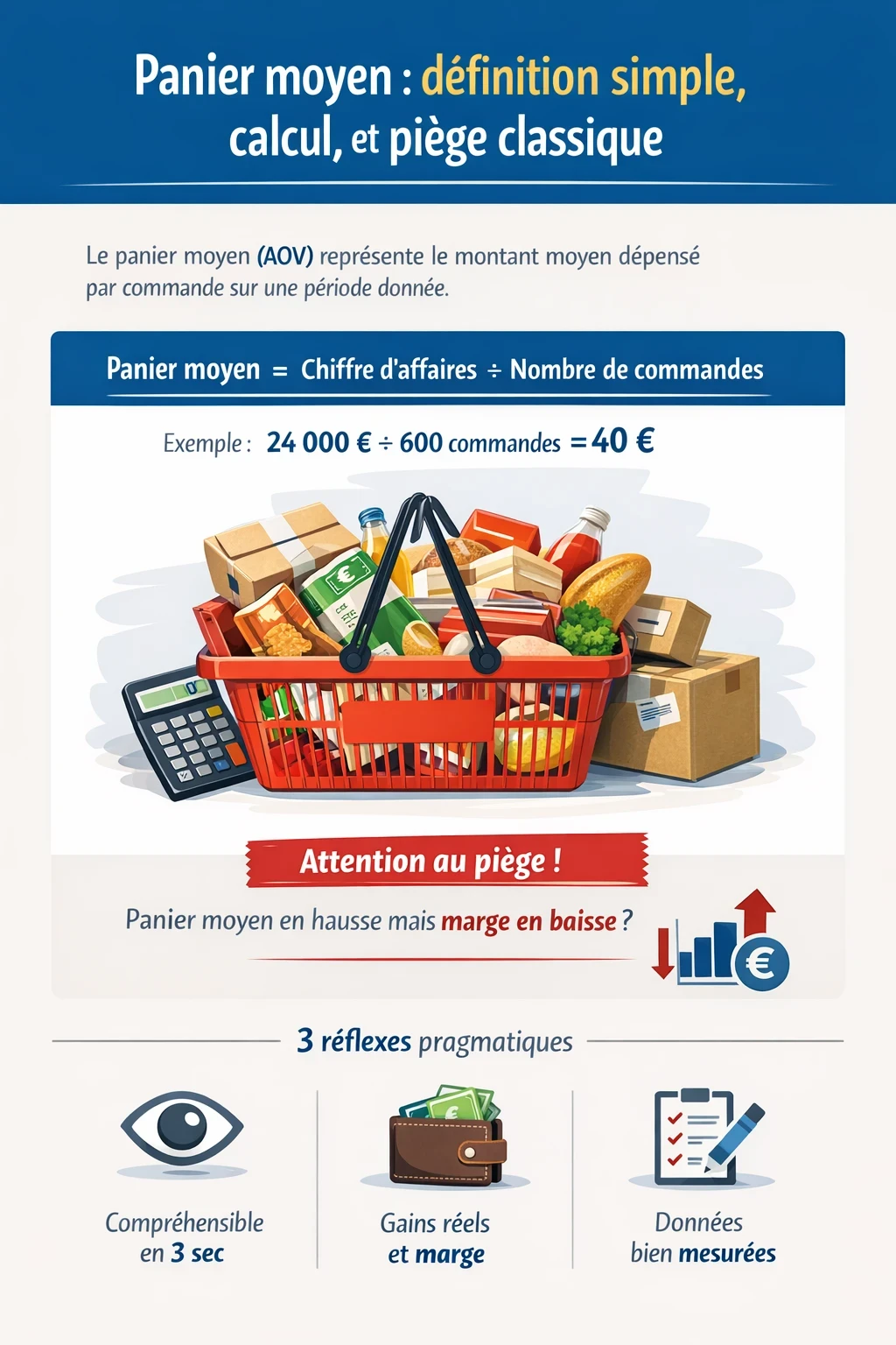 Panier moyen (AOV) : infographie avec définition, formule (CA ÷ commandes), exemple 24 000 € / 600 = 40 €, alerte sur le piège (panier en hausse mais marge en baisse) et 3 réflexes : compréhension en 3 secondes, gains réels/marge, données bien mesurées.
