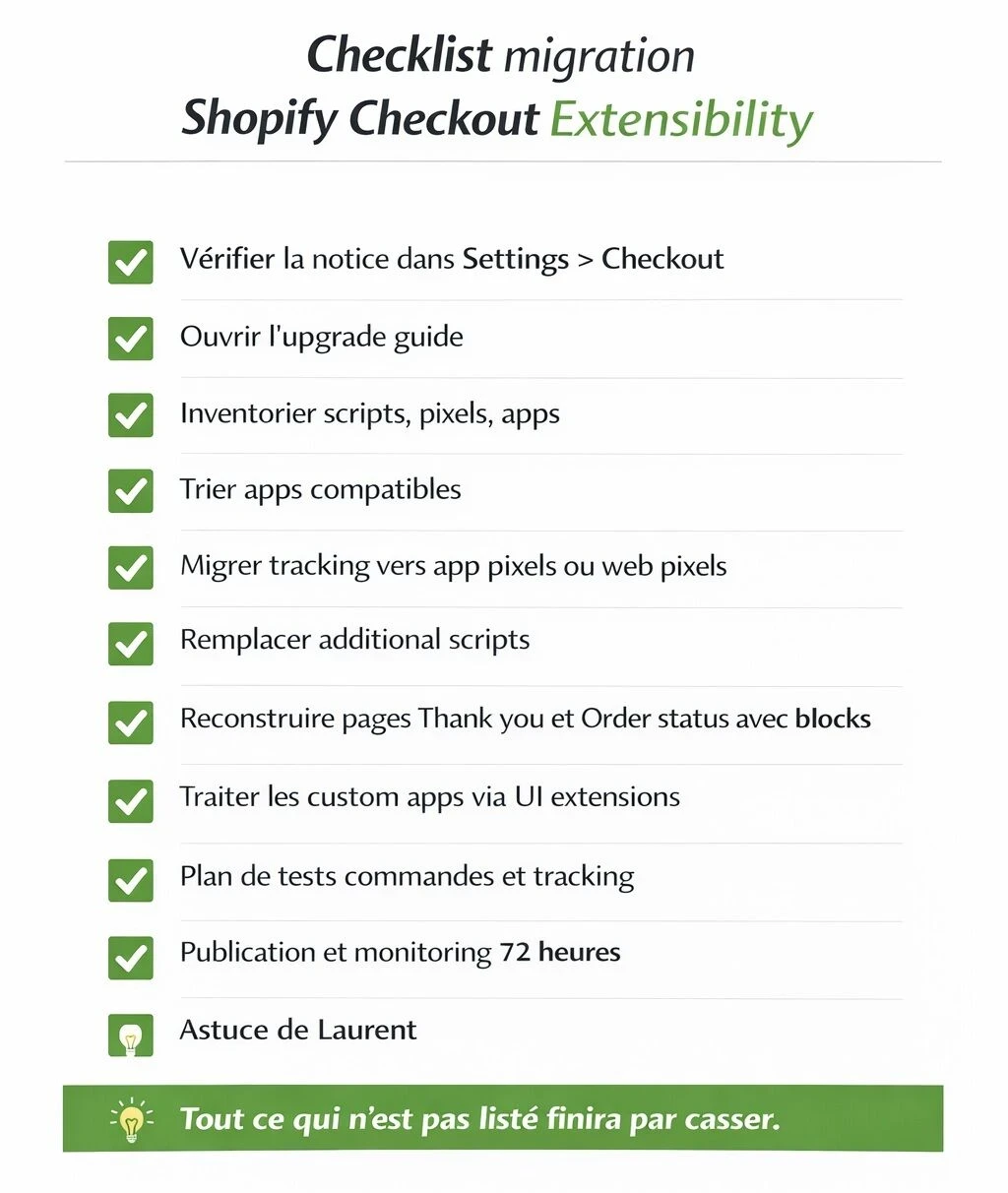Checklist de migration Shopify Checkout Extensibility en 10 étapes pour sécuriser tracking et expérience client.