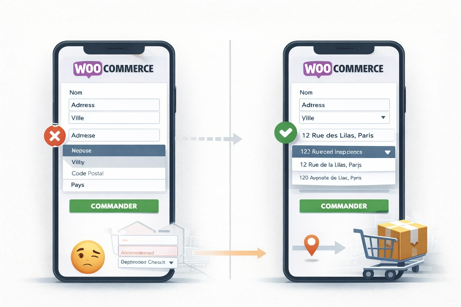 Infographie comparant deux parcours de commande WooCommerce sur mobile : à gauche, saisie manuelle d’adresse avec erreurs et abandon ; à droite, address autocomplete avec validation rapide et commande finalisée.
