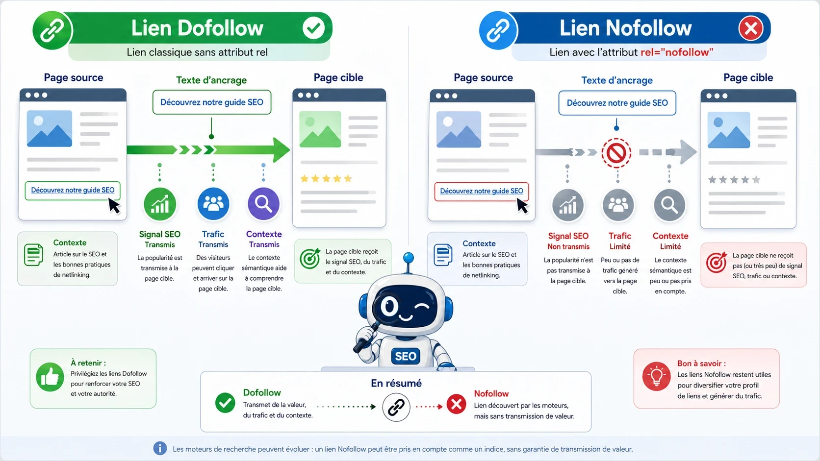 Schéma pédagogique expliquant la différence entre un lien dofollow classique et un lien nofollow avec attribut rel.