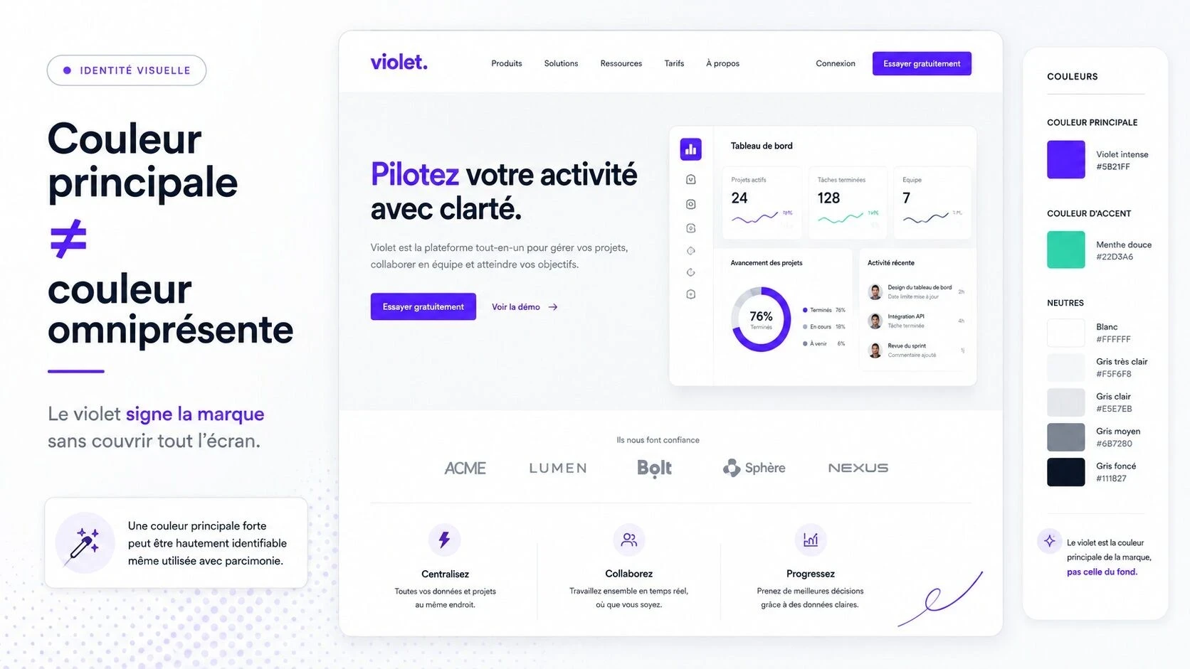 Exemple d’interface web utilisant un violet intense comme couleur principale de marque, employé avec parcimonie sur les titres, boutons et éléments clés plutôt que sur l’ensemble de la page.