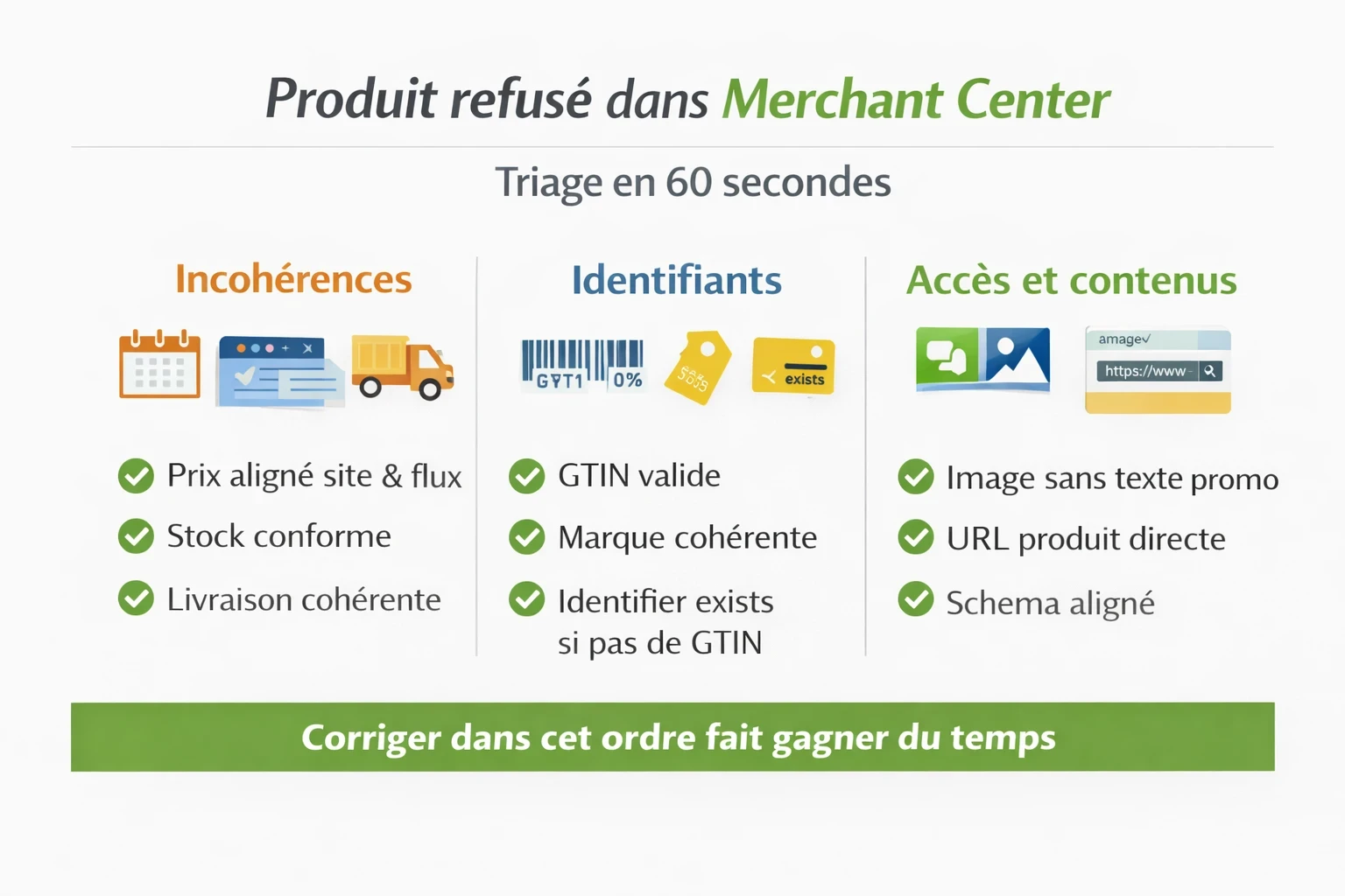 Schéma de triage des refus Merchant Center en trois familles avec ordre de correction.