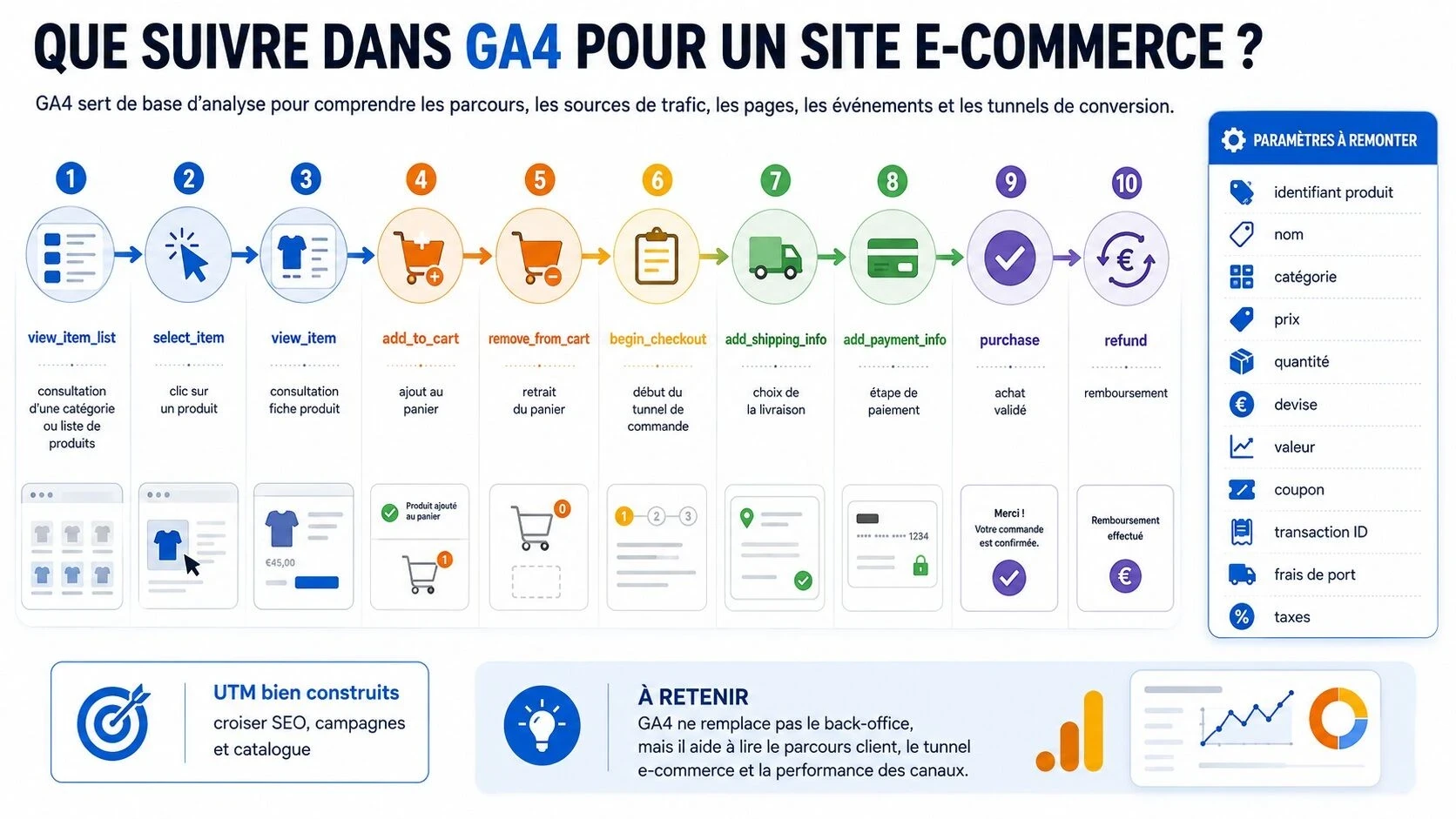Exemple des événements GA4 à suivre sur un site e-commerce, de la consultation produit à l’achat validé