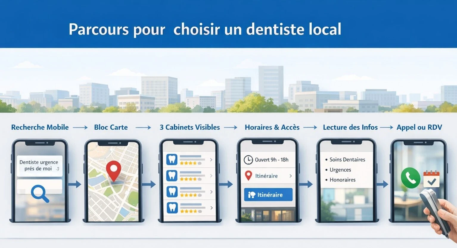 Infographie en 6 étapes montrant le parcours sur smartphone pour choisir un dentiste local : recherche, résultats carte, 3 cabinets visibles, vérification des horaires et de l’accès, lecture des infos, puis appel ou prise de rendez-vous.
