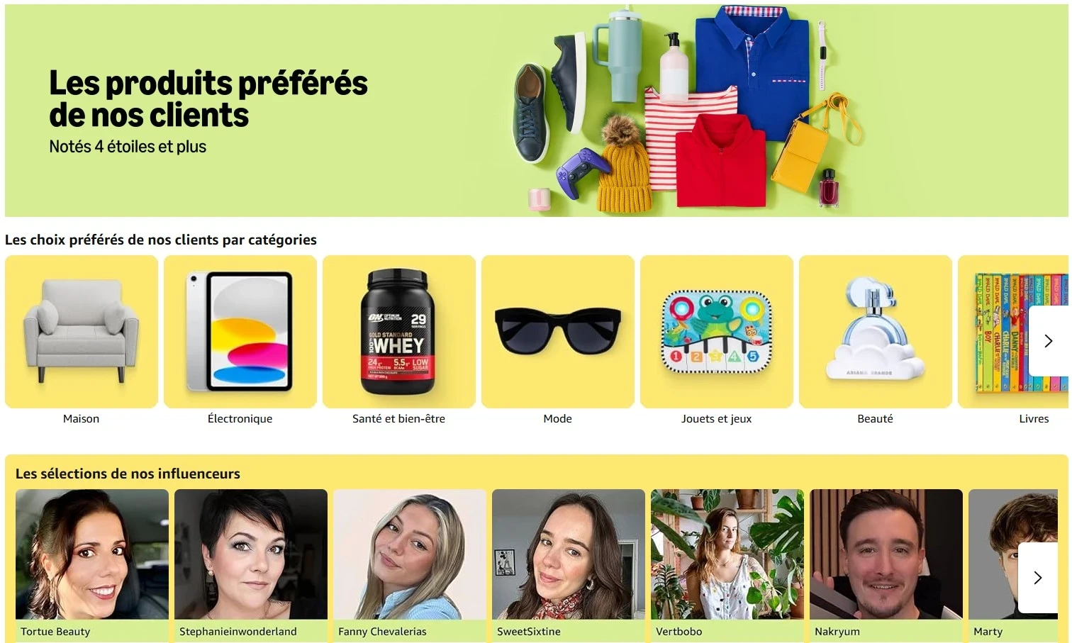 amazon page avec les produits 4 étoiles et influenceurs amazon