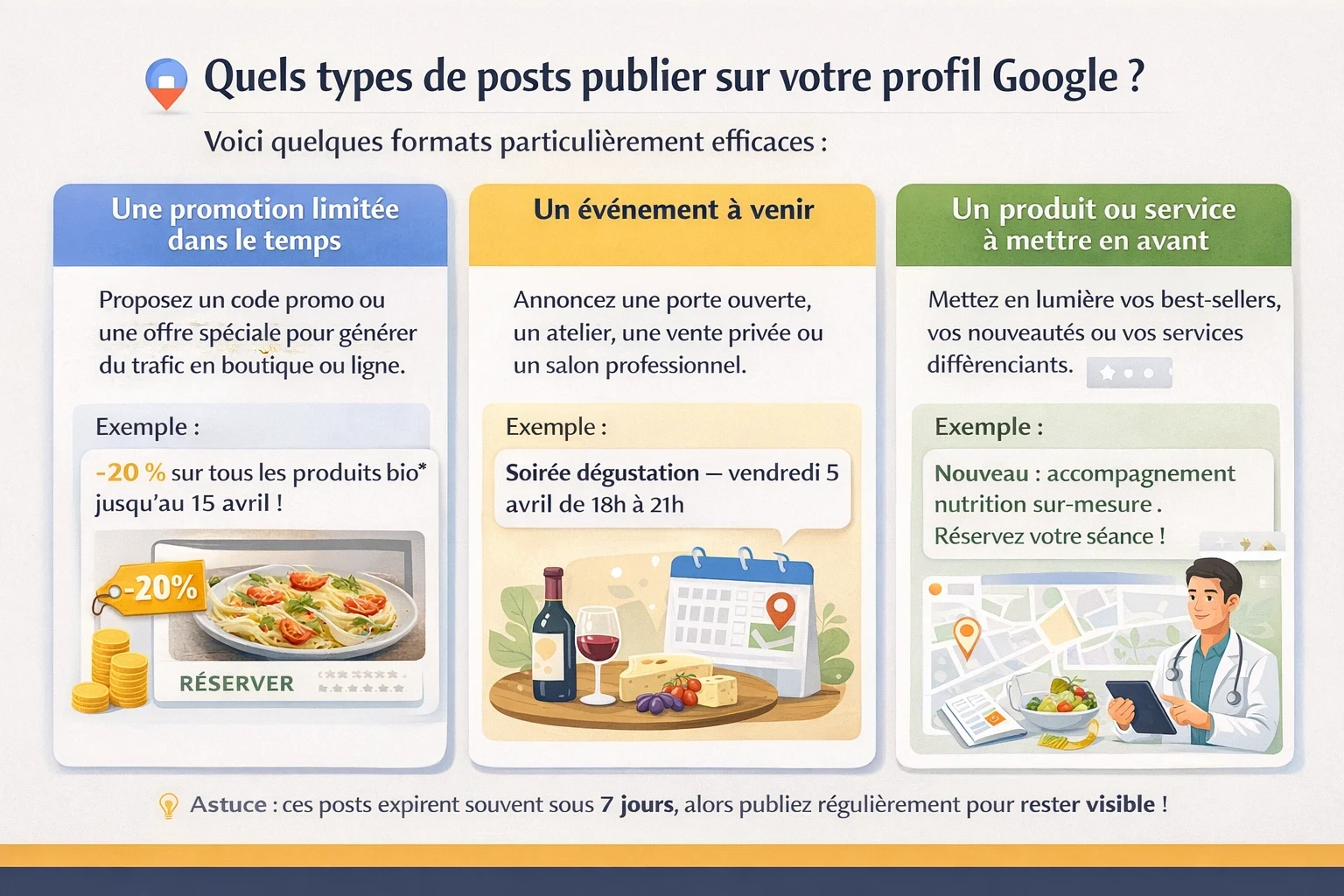 Infographie “Quels types de posts publier sur votre profil Google ?” présentant 3 formats efficaces sur Google Business Profile : promotion limitée dans le temps, événement à venir et mise en avant d’un produit ou service, avec exemples de texte et visuels (code promo, soirée dégustation, accompagnement nutrition).