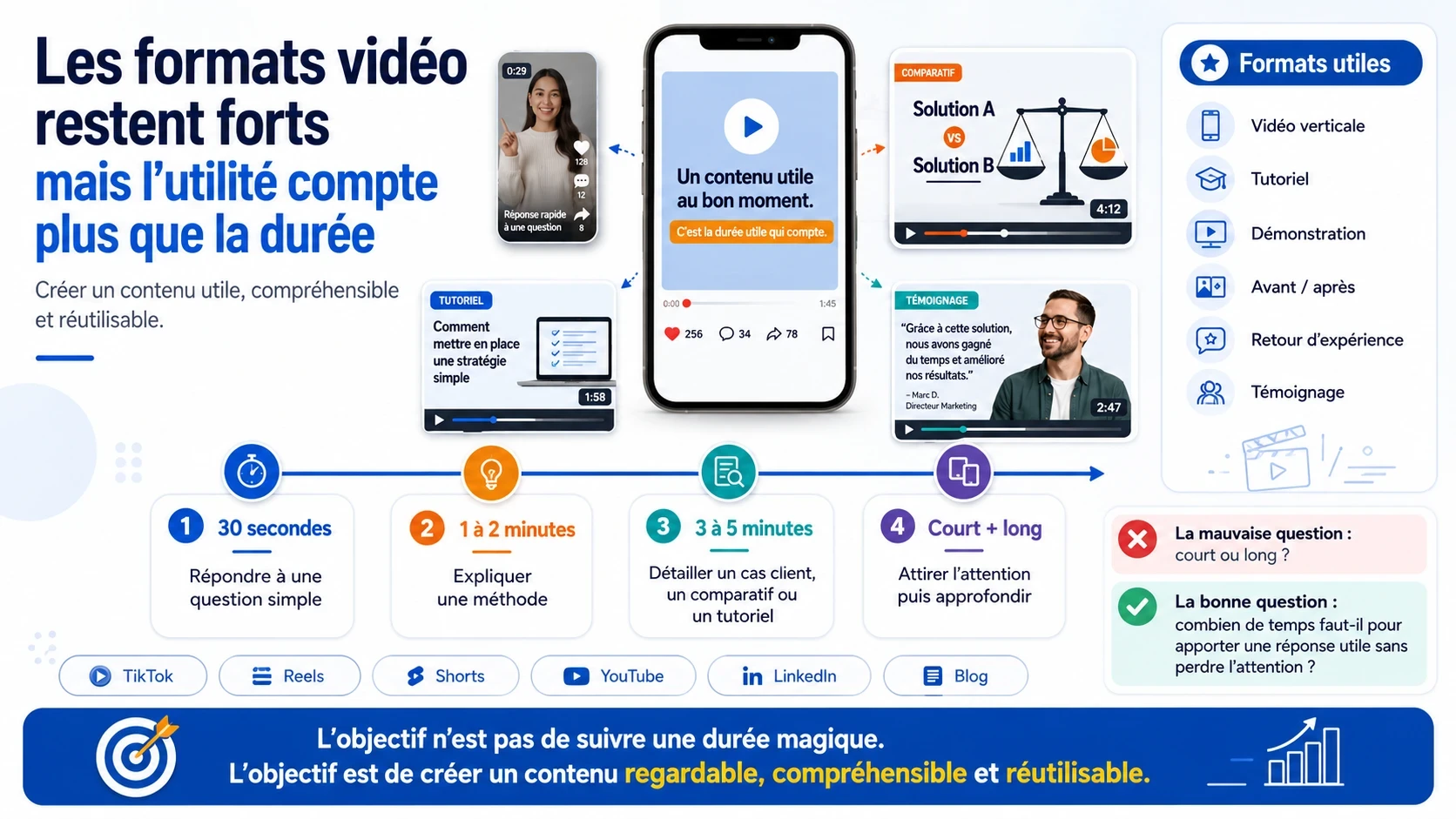Infographie expliquant que l’efficacité des formats vidéo dépend davantage de leur utilité que de leur durée, avec exemples de vidéos courtes, tutoriels, comparatifs et témoignages