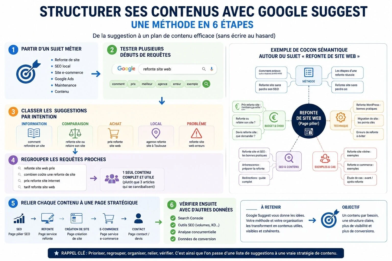 Infographie expliquant comment structurer ses contenus avec Google Suggest en 6 étapes : choisir un sujet métier, tester des débuts de requêtes, classer les suggestions par intention, regrouper les requêtes proches, relier chaque contenu à une page stratégique et vérifier avec d’autres données