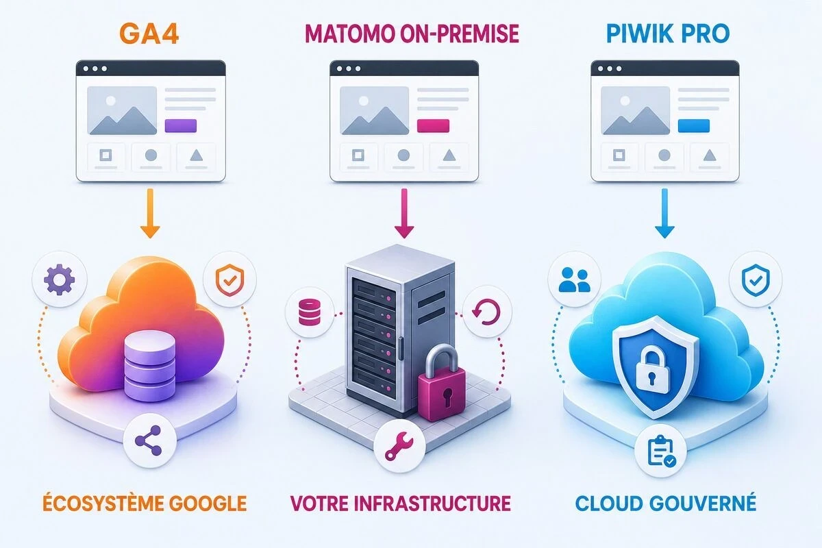 Comparaison de l’hébergement des données : GA4 dans Google, Matomo sur l’infrastructure interne et Piwik PRO dans un cloud gouverné.
