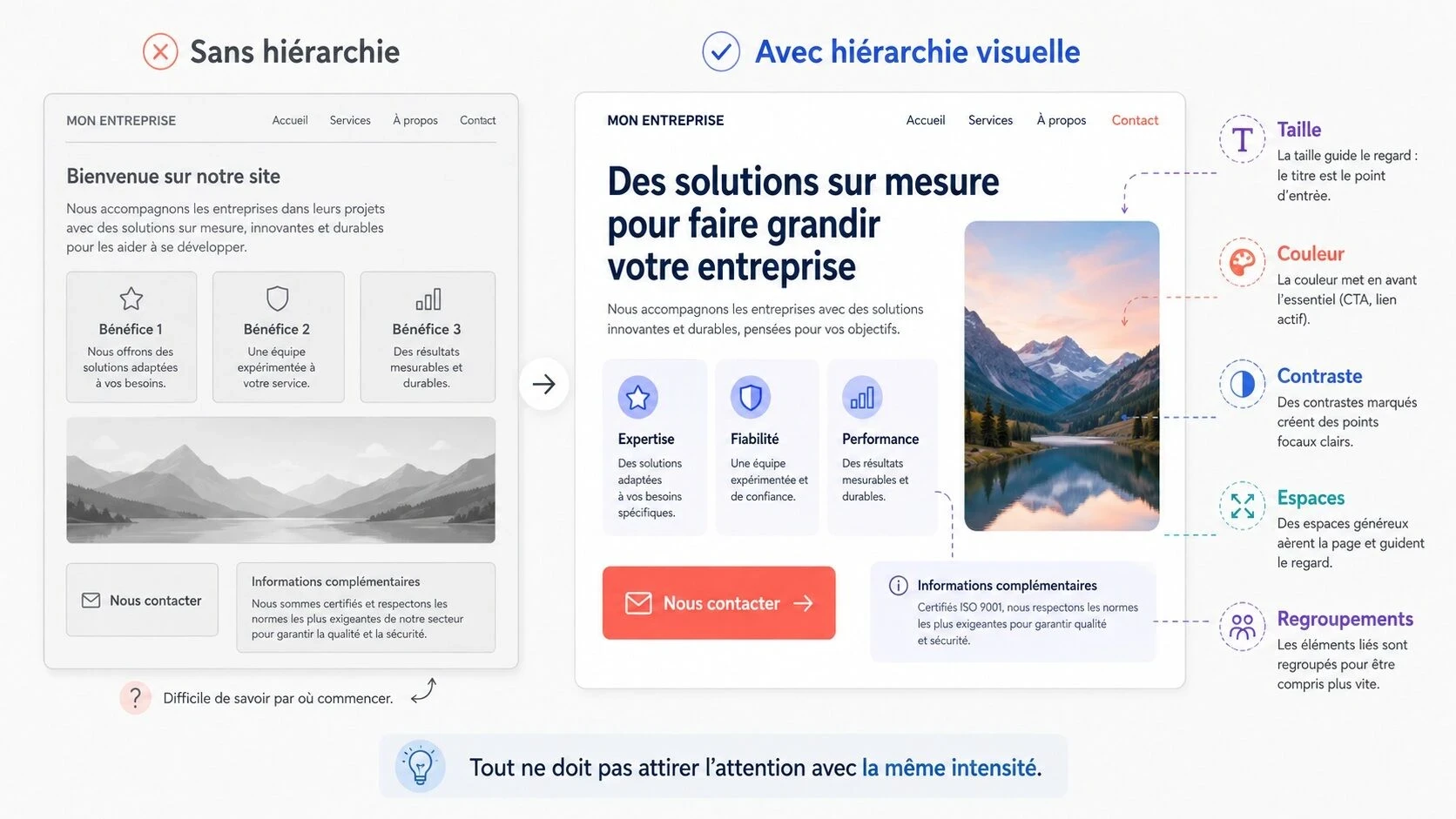 Comparaison entre une page web sans hiérarchie visuelle et une page structurée utilisant taille, couleur, contraste, espaces et regroupements pour guider l’attention de l’utilisateur.