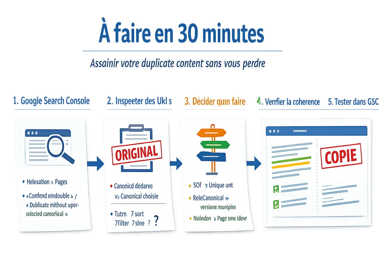 Infographie “À faire en 30 minutes” : 5 étapes pour assainir le duplicate content (GSC Pages, inspection d’URL, décision 301/canonical/noindex, vérification sitemap et maillage, test final dans GSC).
