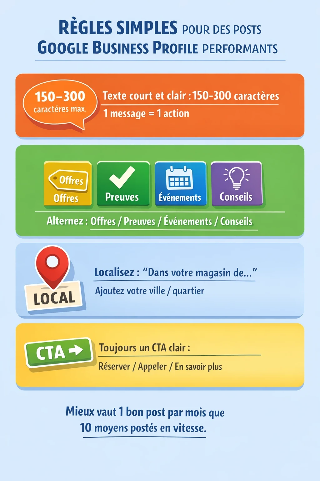 Infographie : règles simples pour des posts Google Business Profile performants (texte court 150–300 caractères, alterner offres/preuves/événements/conseils, localiser, CTA clair).