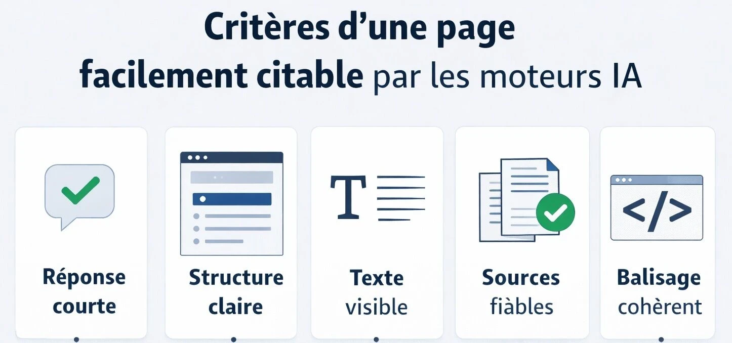 Infographie paysage présentant six critères qui rendent une page plus facilement citable par les moteurs IA : clarté de la réponse, structure, texte visible, fiabilité des sources, fraîcheur des données et cohérence du balisage.