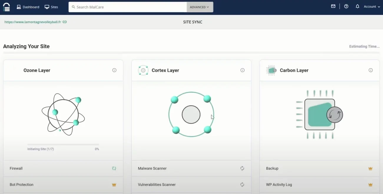 interface de malcare pour réaliser les audits sécurité de site web