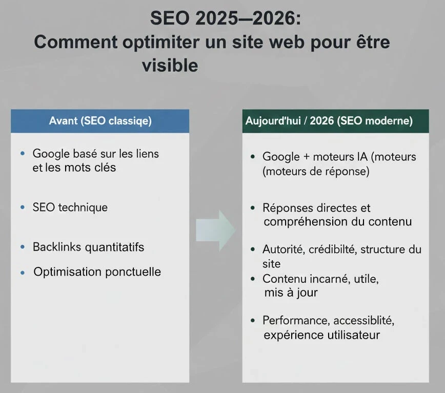 Infographie SEO 2025–2026 expliquant comment optimiser un site web : évolution du référencement de Google basé sur les liens et mots-clés vers un SEO moderne intégrant moteurs IA, réponses directes, autorité, crédibilité, structure du site et contenu incarné.