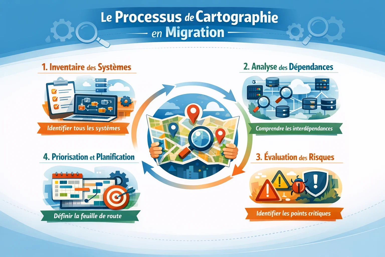 Infographie en français montrant le processus de cartographie pour une migration en 4 étapes : 1) inventaire des systèmes, 2) analyse des dépendances, 3) évaluation des risques, 4) priorisation et planification, avec une carte et des icônes au centre.