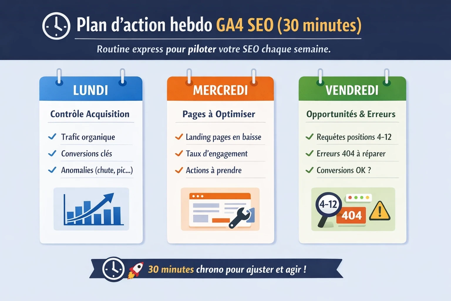 Routine hebdomadaire GA4 SEO en 30 minutes : contrôler acquisition, analyser landing pages, repérer opportunités Search Console, vérifier 404 et conversions.