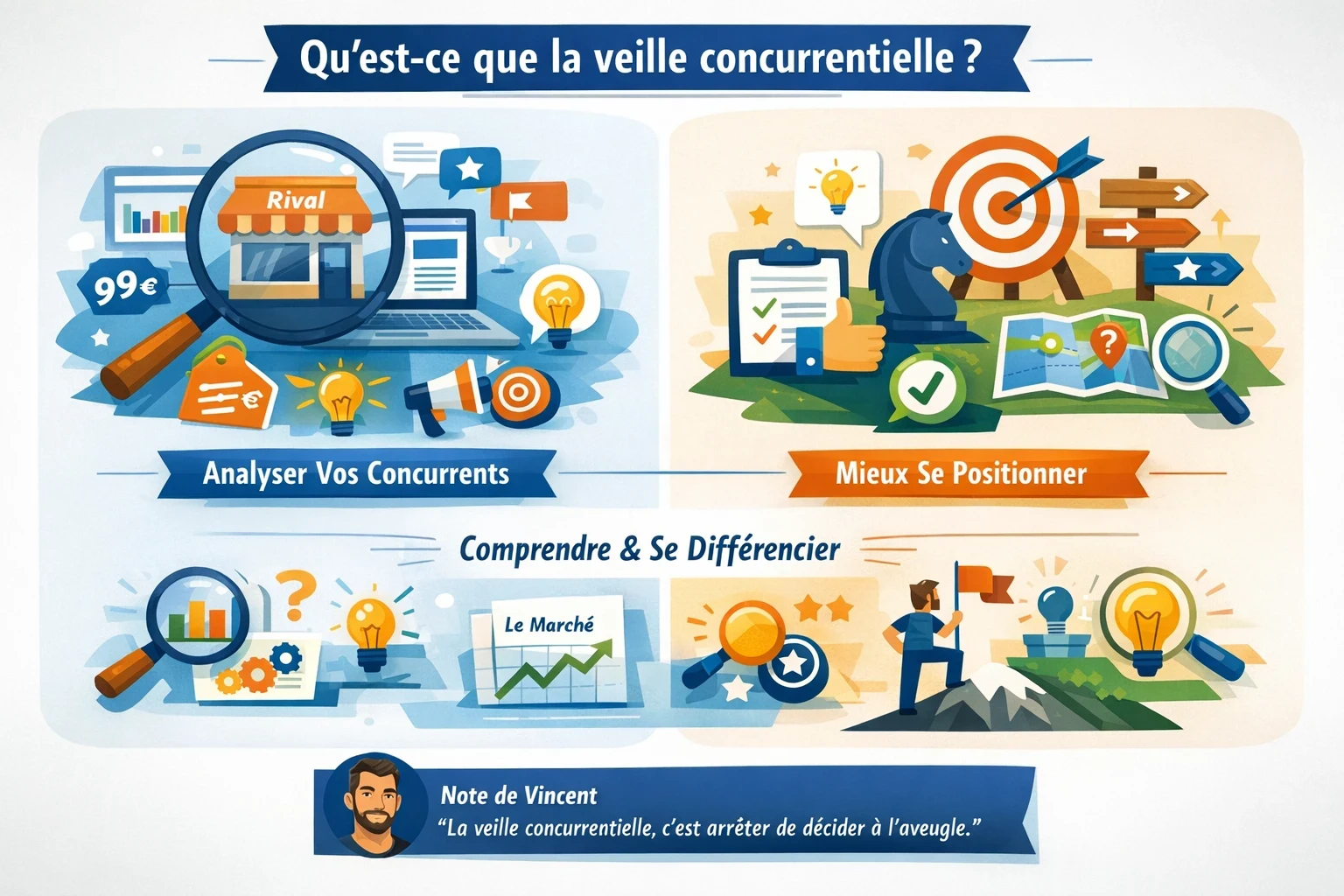 Infographie expliquant la veille concurrentielle comme une démarche d’observation et d’analyse du marché pour mieux comprendre les concurrents, repérer les opportunités et affiner son positionnement au lieu de décider à l’aveugle.