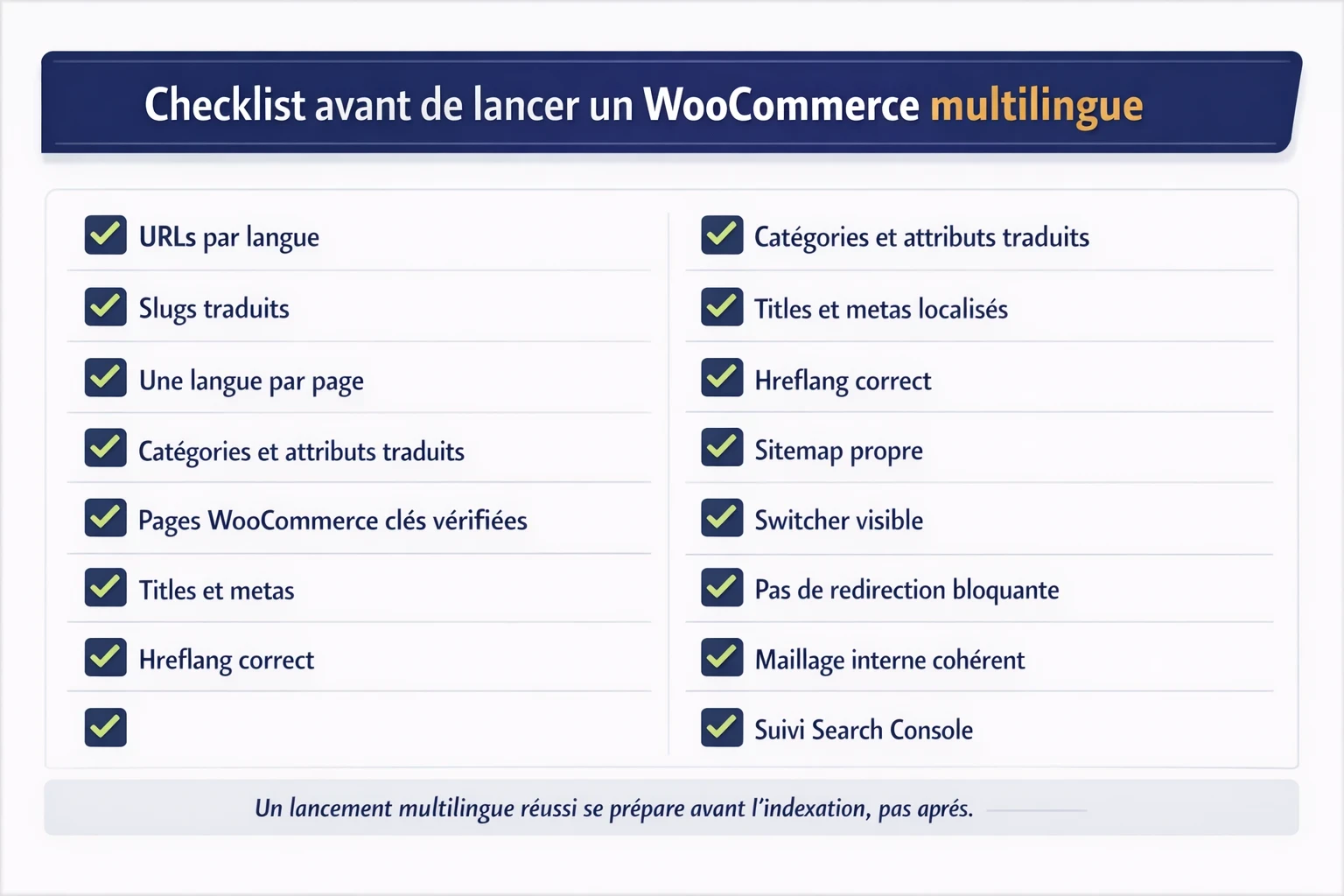 Checklist SEO avant le lancement d’une boutique WooCommerce multilingue : URLs par langue, slugs traduits, catégories et attributs localisés, pages clés WooCommerce vérifiées, balises SEO traduites, hreflang, sitemap, sélecteur de langue, maillage interne et suivi de l’indexation.