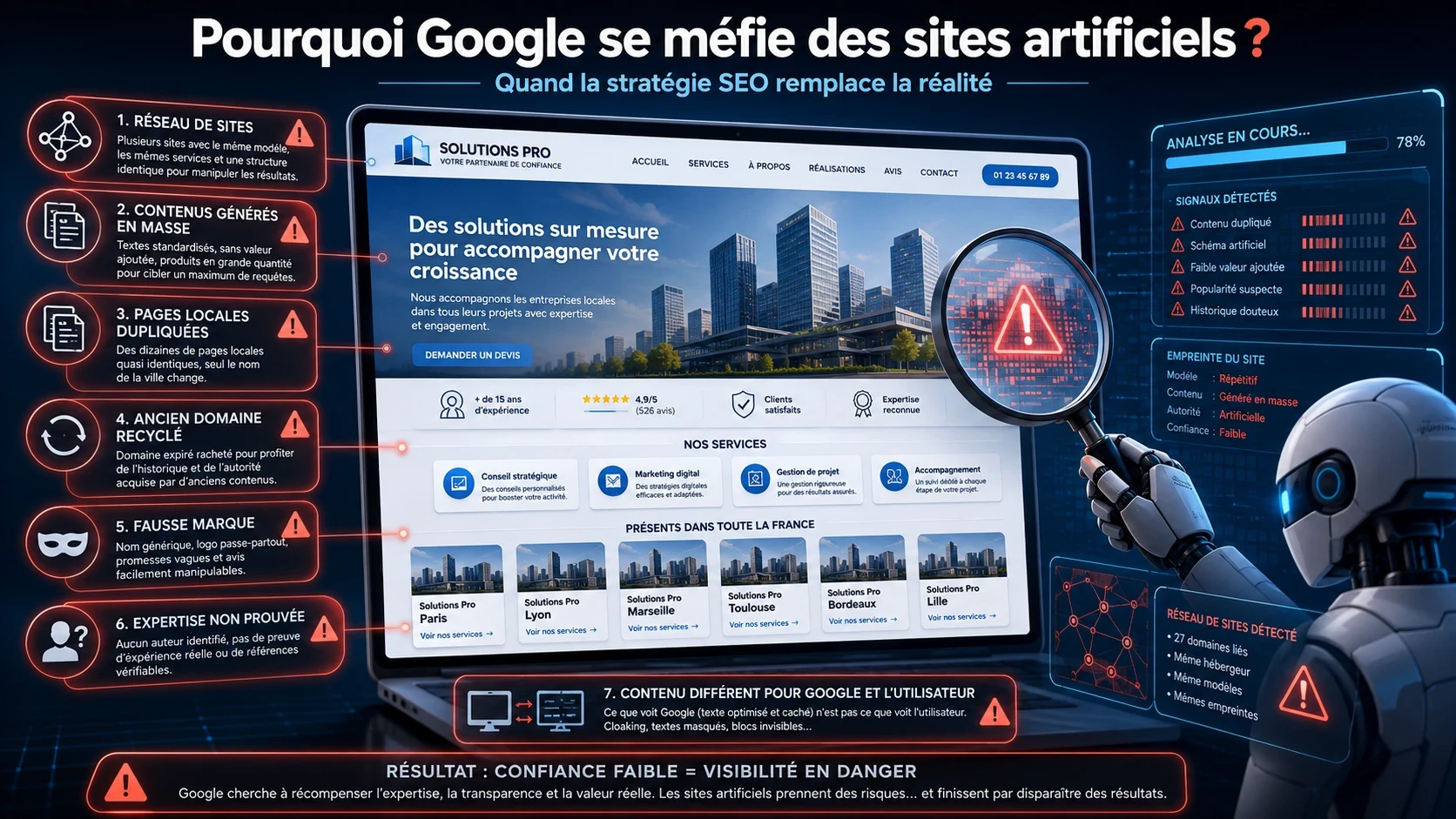 Exemple visuel d’un site artificiel analysé par un moteur de recherche, avec signaux SEO suspects : contenus dupliqués, réseau de sites et expertise non prouvée