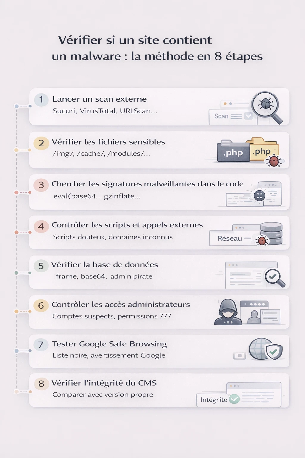 Infographie en huit étapes pour vérifier si un site contient un malware, du scan externe jusqu’au contrôle de l’intégrité du CMS.