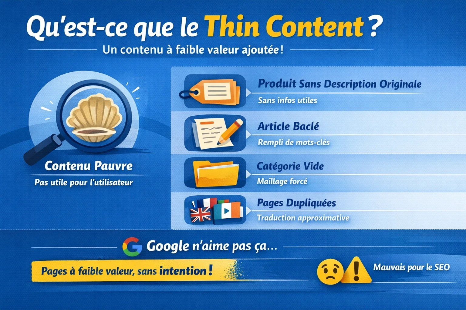 Infographie expliquant le thin content : contenu à faible valeur ajoutée avec exemples de fiche produit pauvre, article bâclé, catégorie vide et page dupliquée, nuisibles pour l’utilisateur et le SEO.