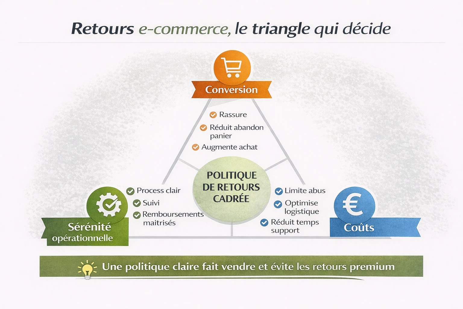 Schéma triangle conversion coûts sérénité montrant l’impact d’une politique de retours cadrée.