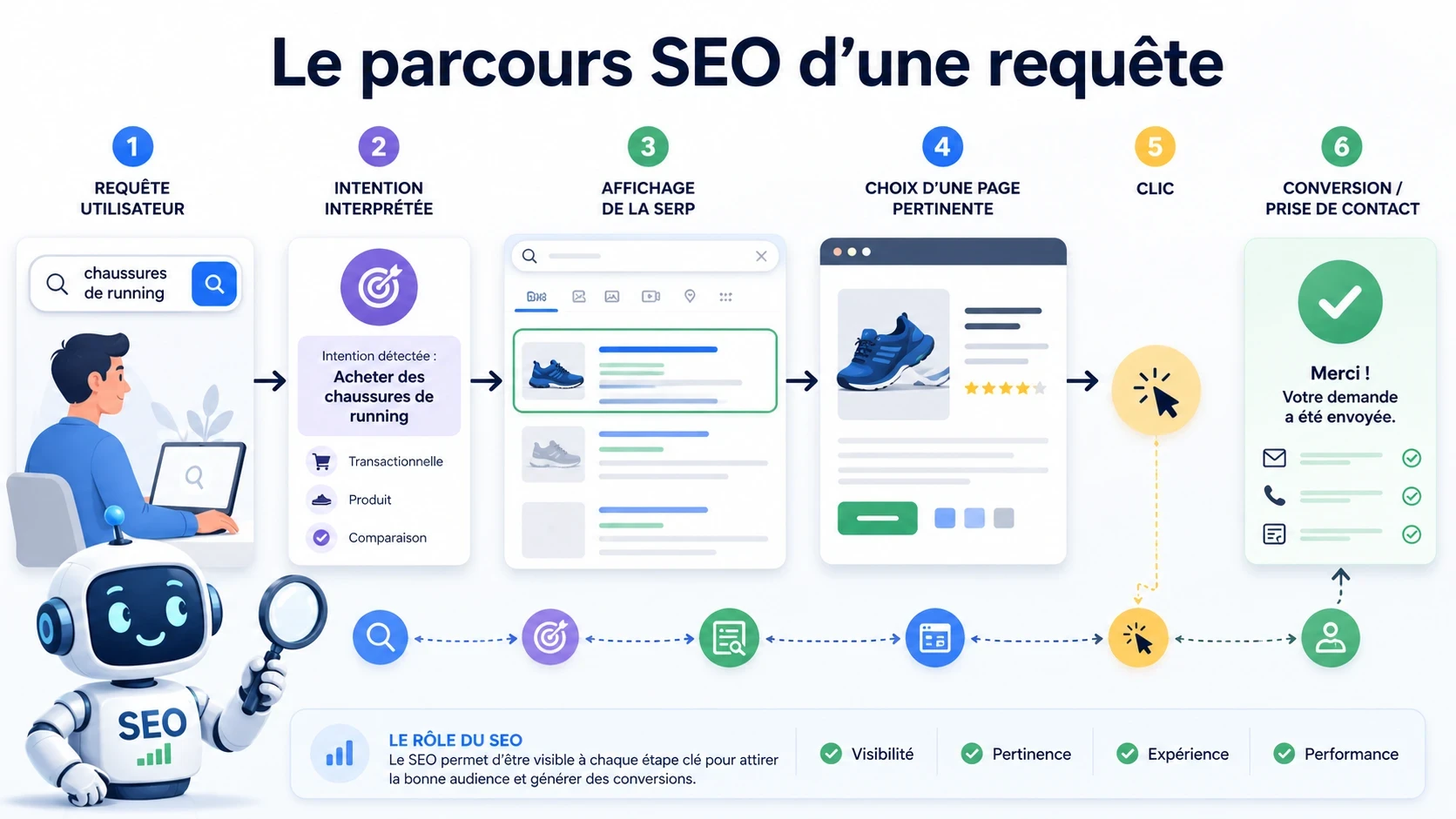 Schéma pédagogique montrant le lien entre query, intention de recherche, SERP, contenu et conversion.
