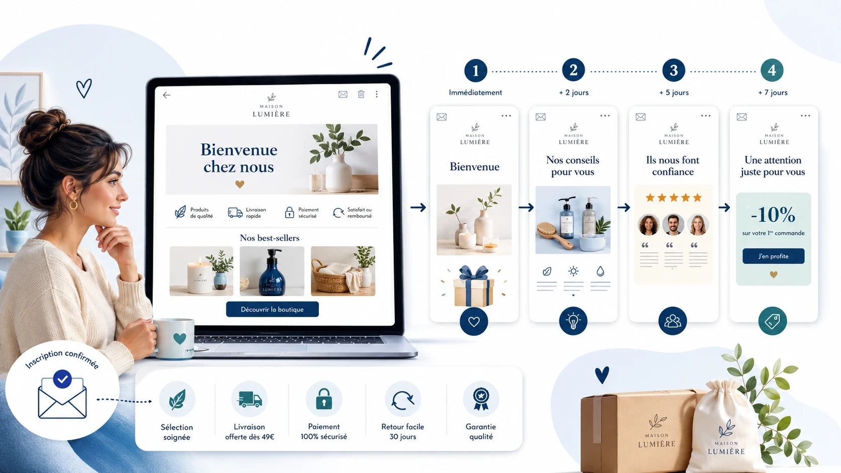 Illustration d’une séquence d’emails de bienvenue pour une boutique e-commerce, avec un premier message rassurant, des conseils produits, des avis clients et une offre douce après inscription.