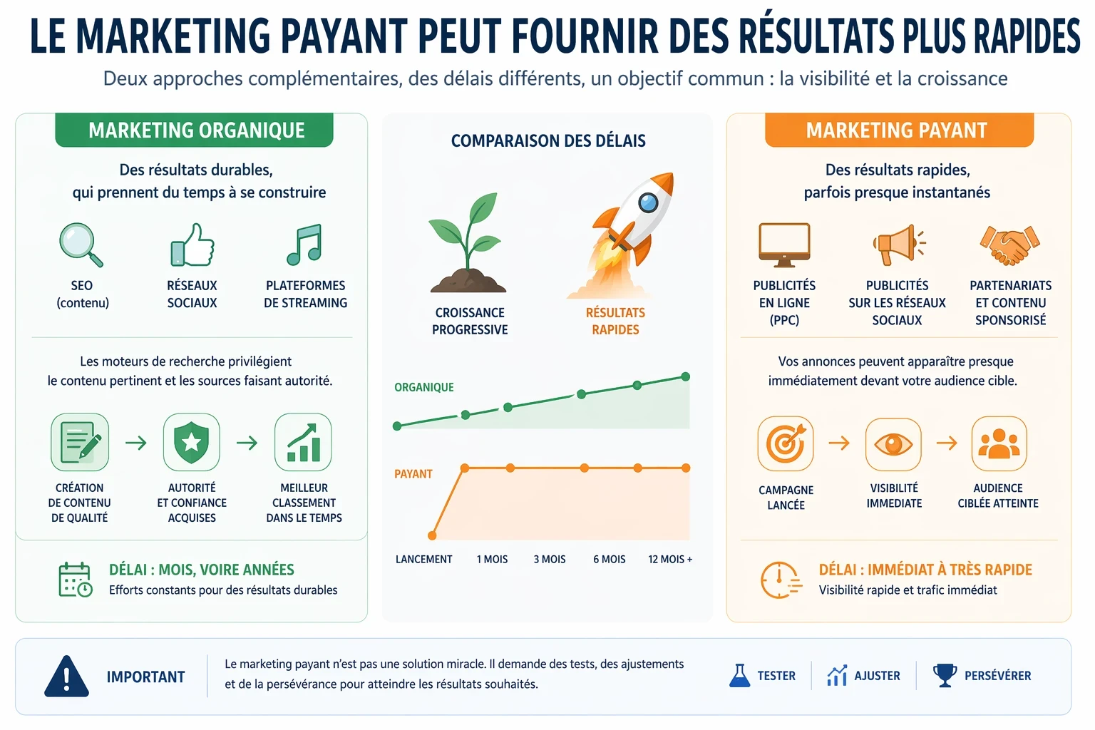 Infographie comparant marketing organique et marketing payant, montrant que la publicité payante apporte une visibilité plus rapide tandis que l’organique construit l’autorité et le classement sur le long terme