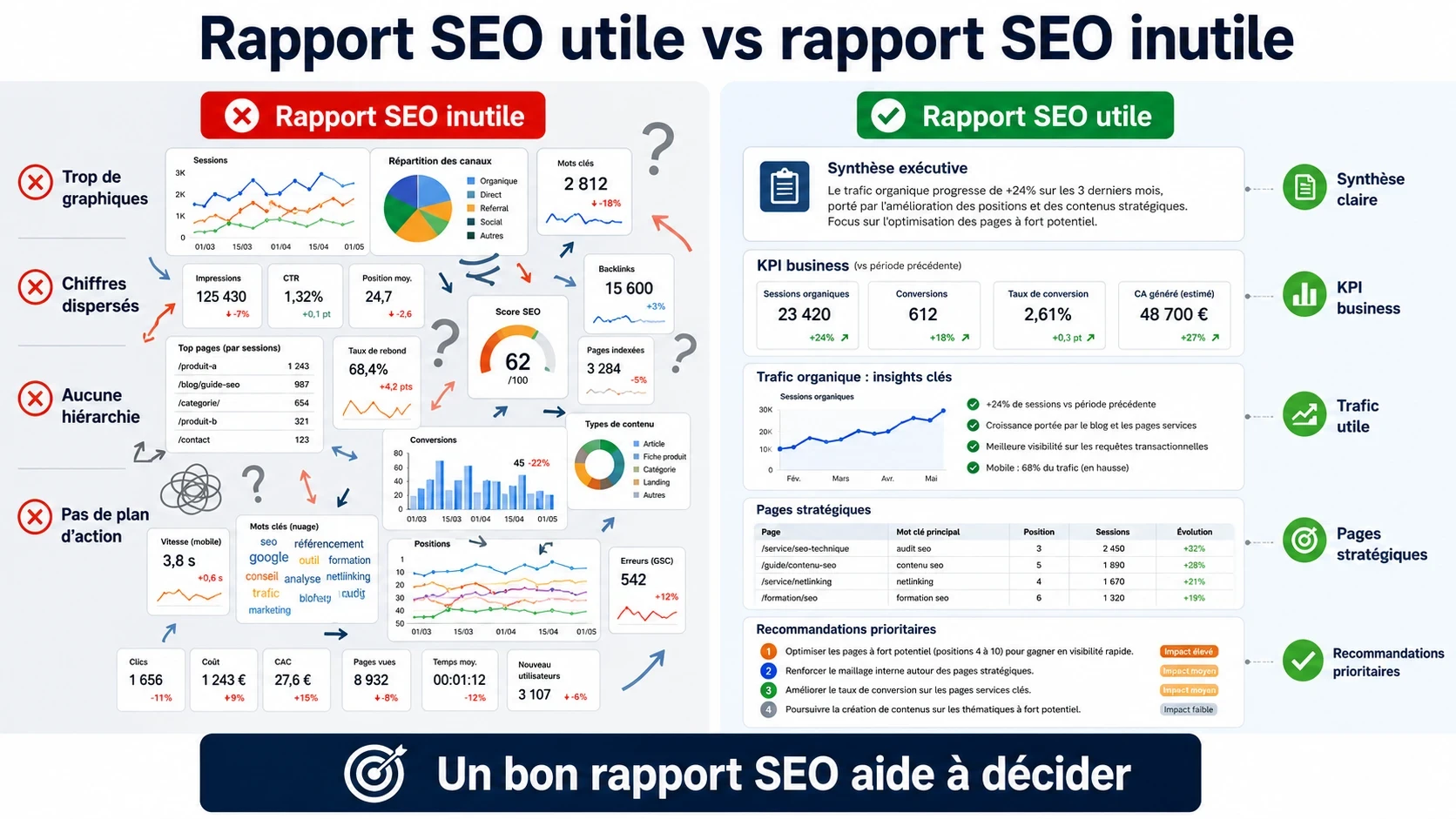 Infographie comparant un rapport SEO inutile rempli de graphiques sans conclusion avec un rapport SEO utile centré sur la synthèse, les KPI business, l’analyse et les actions prioritaires.