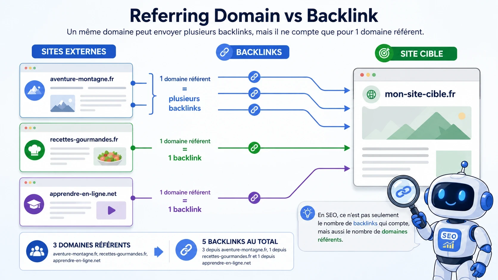Schéma pédagogique montrant qu’un domaine référent peut générer plusieurs backlinks vers un même site.