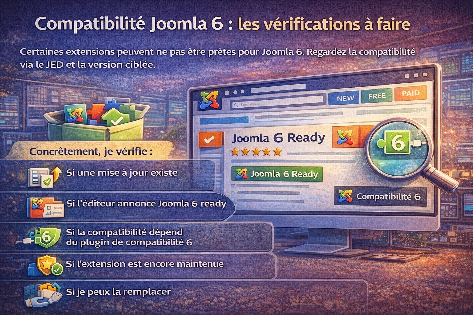 Infographie sur les vérifications à faire pour contrôler la compatibilité des extensions avec Joomla 6 avant une mise à jour