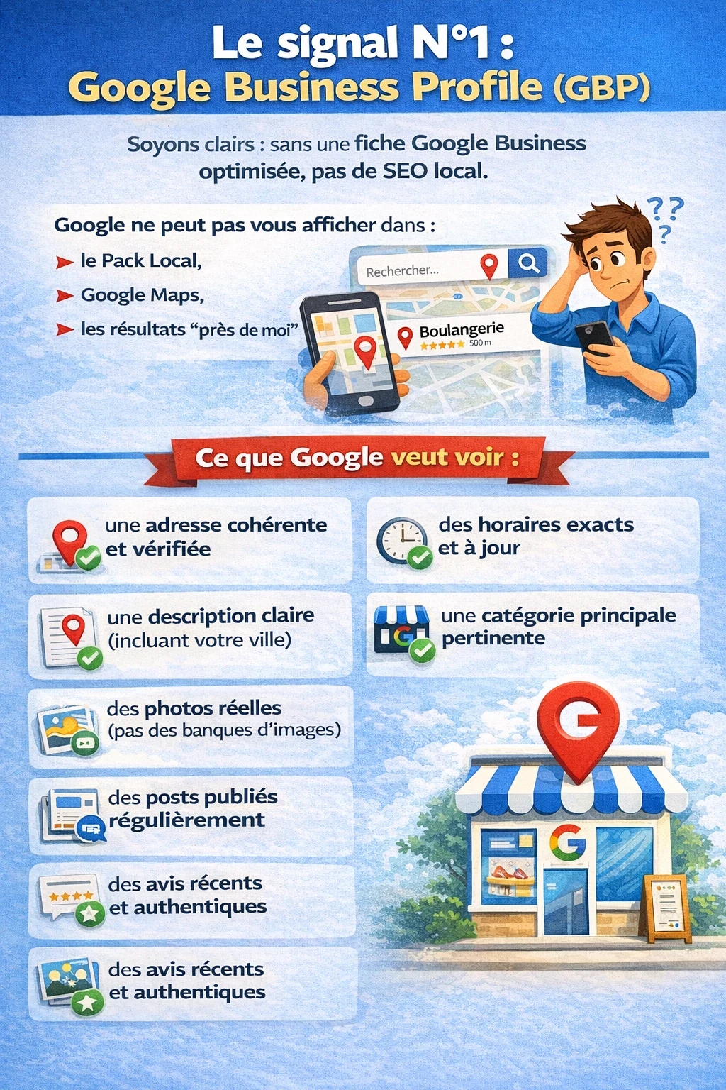 Infographie “Signal n°1 : Google Business Profile” : sans fiche GBP optimisée, pas de SEO local (Pack Local, Maps, recherches “près de moi”). Liste des éléments à remplir : adresse vérifiée, horaires à jour, description avec la ville, catégorie principale, photos réelles, posts réguliers, avis récents. Illustration d’une vitrine “sans photo” pour rappeler qu’un profil sans images réelles, c’est comme un magasin sans vitrine.