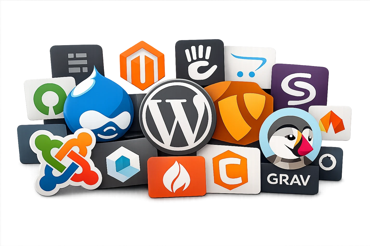 Montage de logos de CMS open source, dont Joomla, Drupal, WordPress, TYPO3, PrestaShop et Grav, sur fond sombre