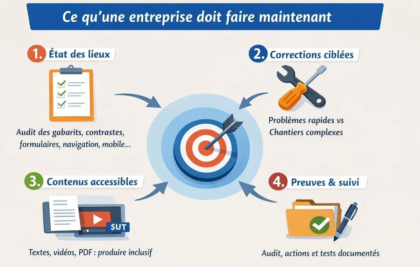 Infographie en français intitulée « Ce qu’une entreprise doit faire maintenant », présentant 4 étapes pour améliorer l’accessibilité d’un site web : 1) état des lieux avec audit des gabarits, contrastes, formulaires, navigation et mobile ; 2) corrections ciblées pour distinguer les problèmes rapides des chantiers complexes ; 3) contenus accessibles avec textes, vidéos et PDF inclusifs ; 4) preuves et suivi avec audit, actions et tests documentés. Au centre, une cible symbolise la priorisation des actions.