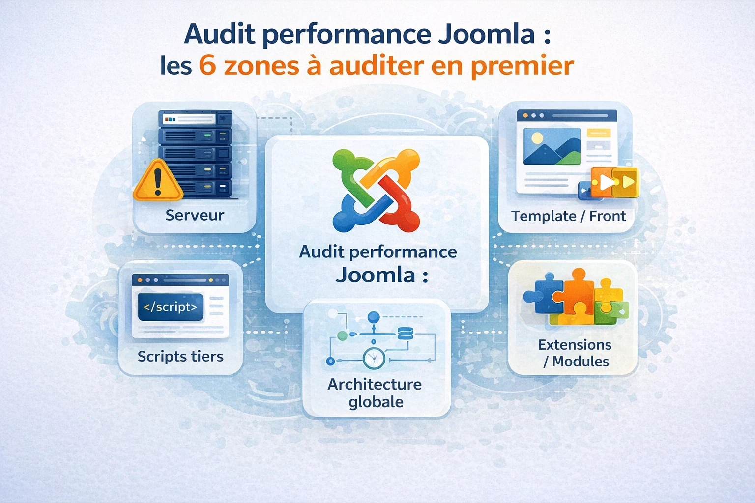 Infographie montrant les six zones à auditer en priorité sur un site Joomla : serveur, template et front, images et médias, extensions et modules, scripts tiers et architecture globale