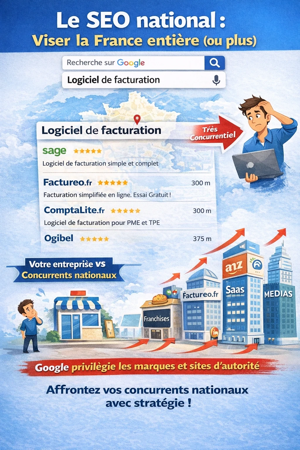 Infographie “SEO national” : une recherche « Logiciel de facturation » montre des résultats dominés par des marques (SaaS, franchises, médias). Une petite entreprise est illustrée face à de gros concurrents nationaux, avec un message “très concurrentiel” et l’idée que l’autorité du site et l’étude complète des concurrents deviennent déterminantes.