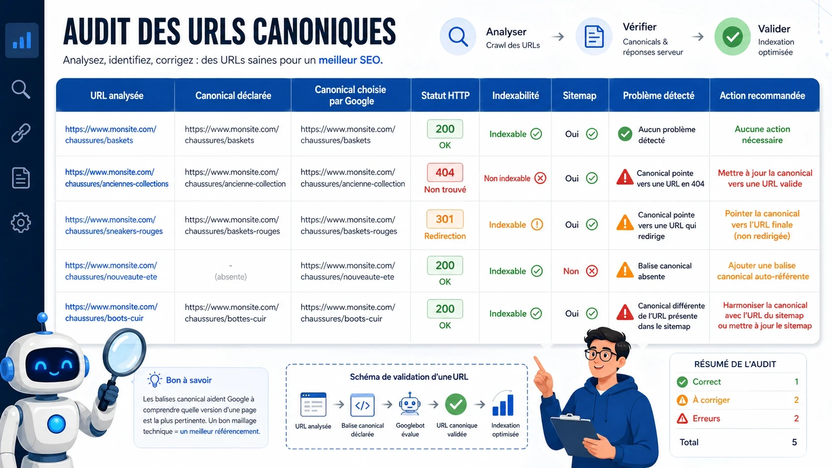 Tableau visuel d’audit SEO des URLs canoniques avec URL déclarée, URL choisie par Google, statut HTTP et action recommandée.