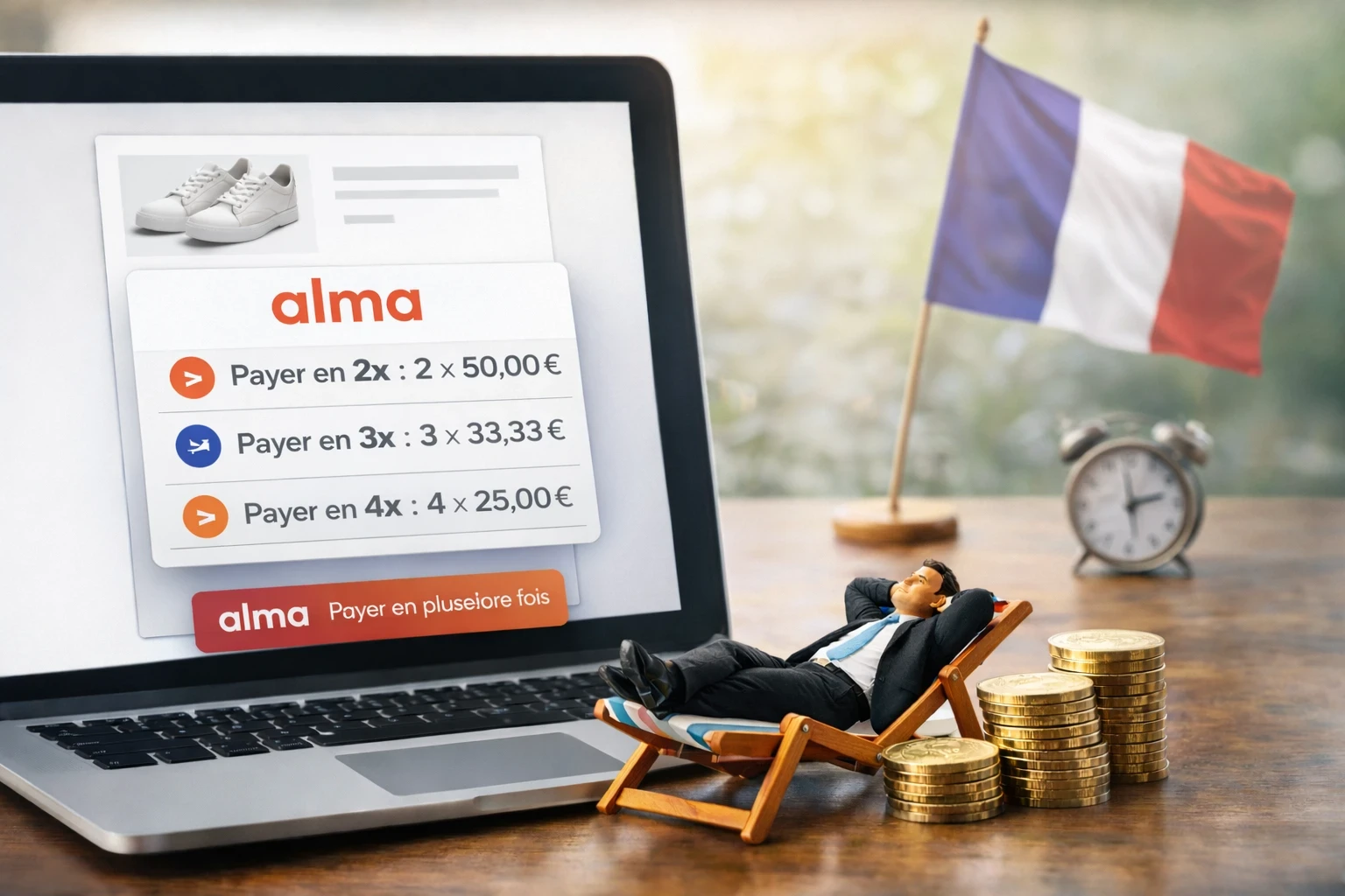 Paiement en plusieurs fois avec Alma (2x/3x/4x) sur un checkout, ambiance “France + UX premium”, avec un clin d’œil à l’intégration plus technique (bouton/script) derrière une expérience client très fluide.