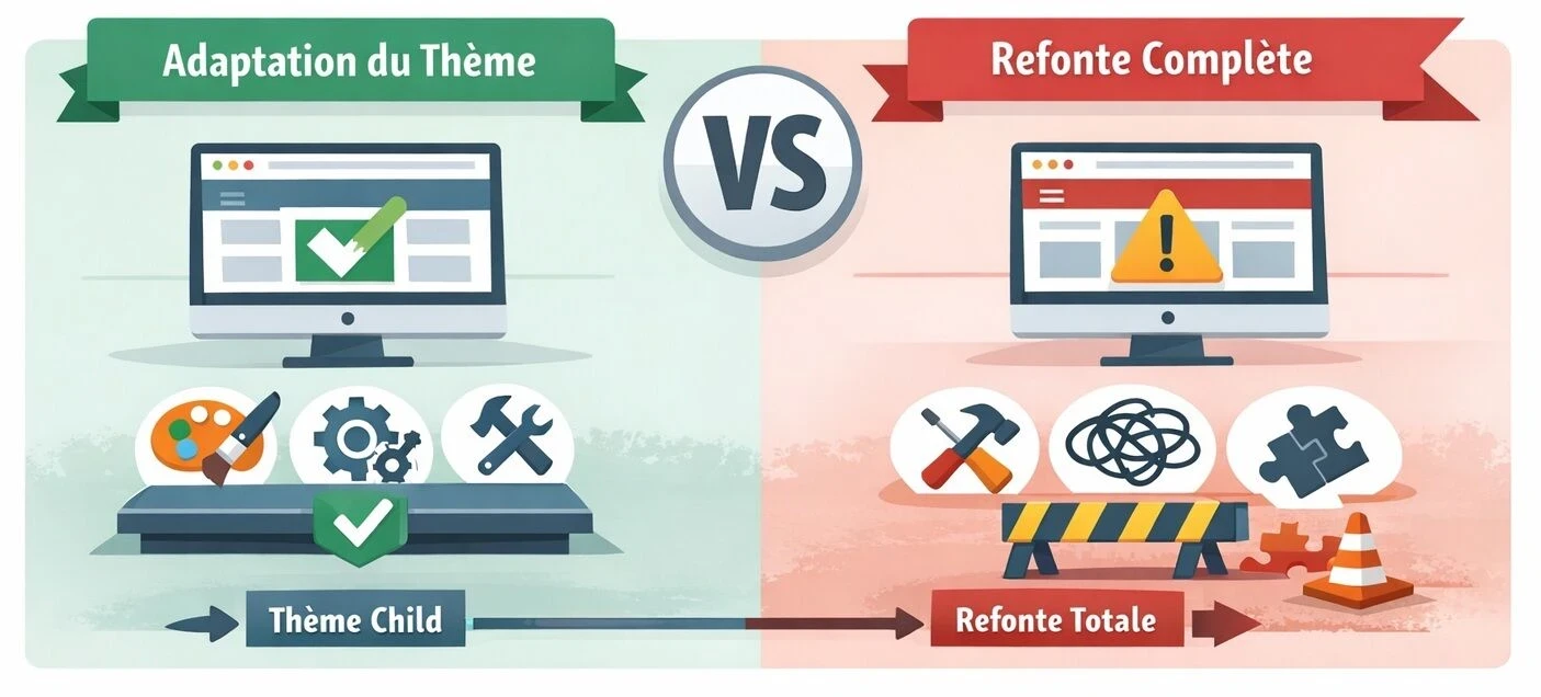 Infographie paysage comparant deux approches sur PrestaShop : à gauche, une adaptation légère du thème avec thème enfant, ajustements limités et maintenance maîtrisée ; à droite, une refonte complète nécessaire quand le front est trop complexe, avec pictogrammes de surcharge, incompatibilités et reconstruction plus lourde.