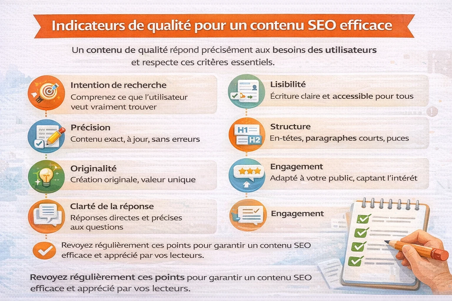 Infographie présentant les indicateurs clés d’un contenu SEO de qualité : intention de recherche, précision des informations, originalité, clarté des réponses, lisibilité, structure avec titres et listes, engagement du lecteur et importance de la révision régulière du contenu pour répondre aux attentes des utilisateurs et améliorer le référencement.