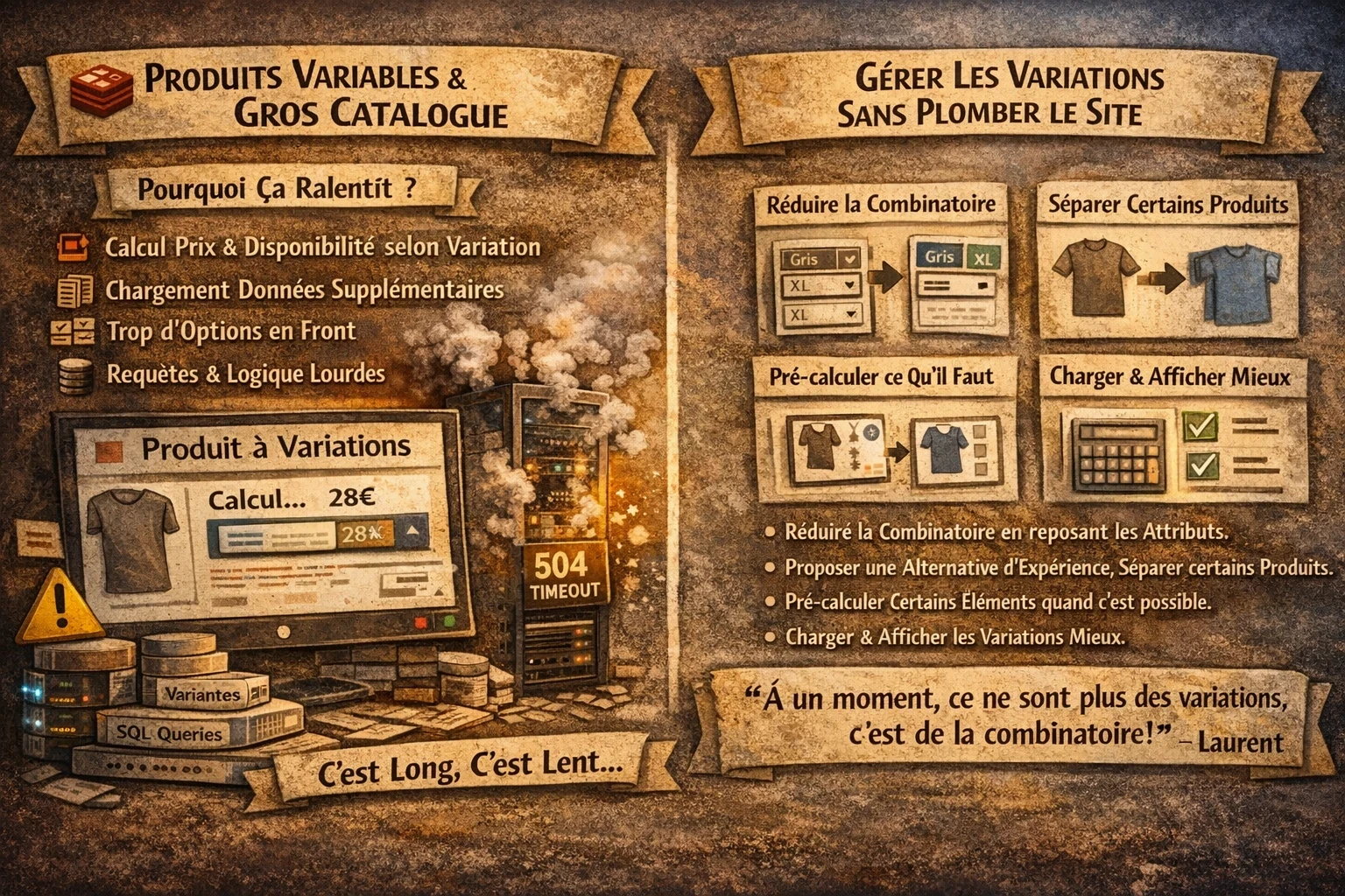 Infographie sur les produits variables WooCommerce en gros catalogue : à gauche les raisons des lenteurs, calcul prix et stock par variation, chargement de données, scripts front lourds et requêtes base de données, à droite les solutions, réduire la combinatoire, séparer certains produits, pré calculer des éléments et optimiser le chargement et l’affichage des variations.