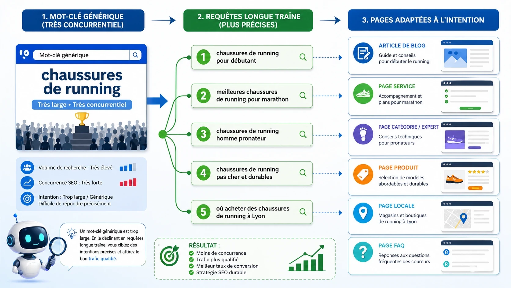 Schéma pédagogique montrant la transformation d’un mot-clé générique en requêtes longue traîne et pages SEO adaptées