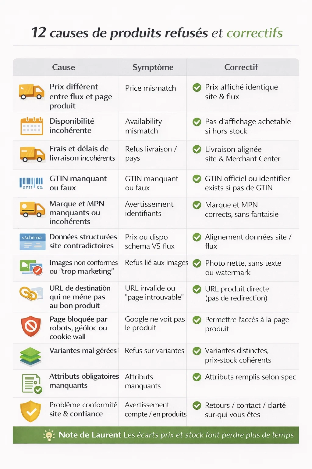 Tableau des 12 causes principales de refus Merchant Center avec symptôme et correctif.