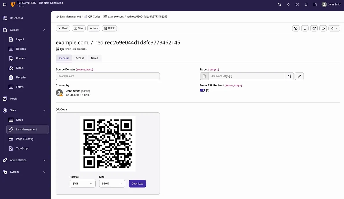 QR code généré dans TYPO3 v14 LTS avec options de téléchargement en plusieurs formats